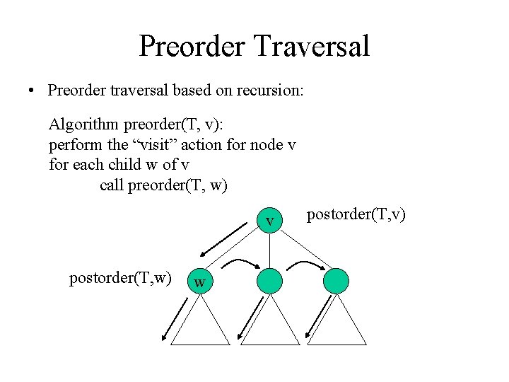 Preorder Traversal • Preorder traversal based on recursion: Algorithm preorder(T, v): perform the “visit”