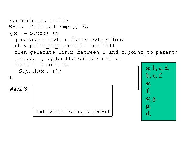 S. push(root, null); While (S is not empty) do { x : = S.