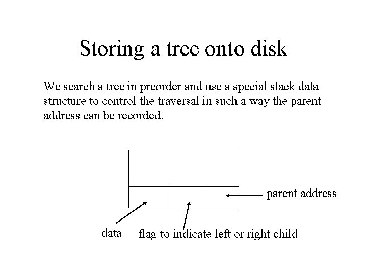 Storing a tree onto disk We search a tree in preorder and use a