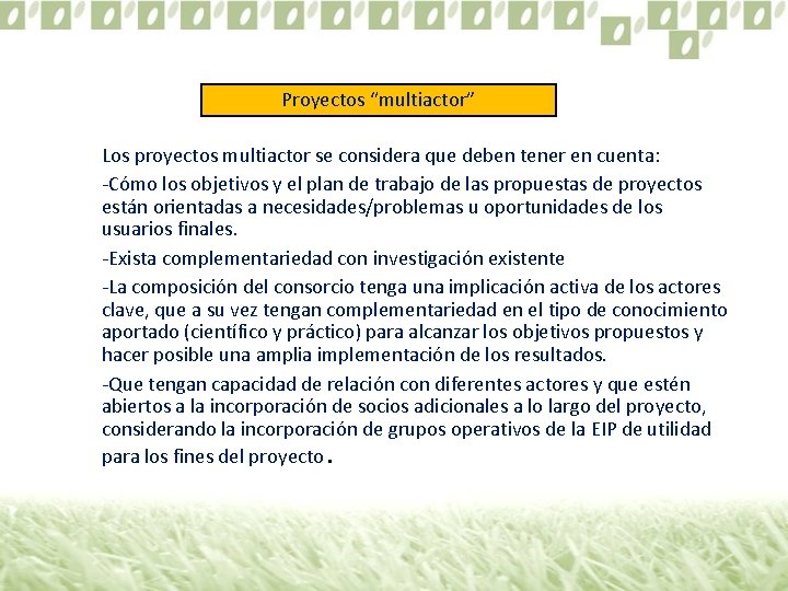 Proyectos “multiactor” Los proyectos multiactor se considera que deben tener en cuenta: -Cómo los