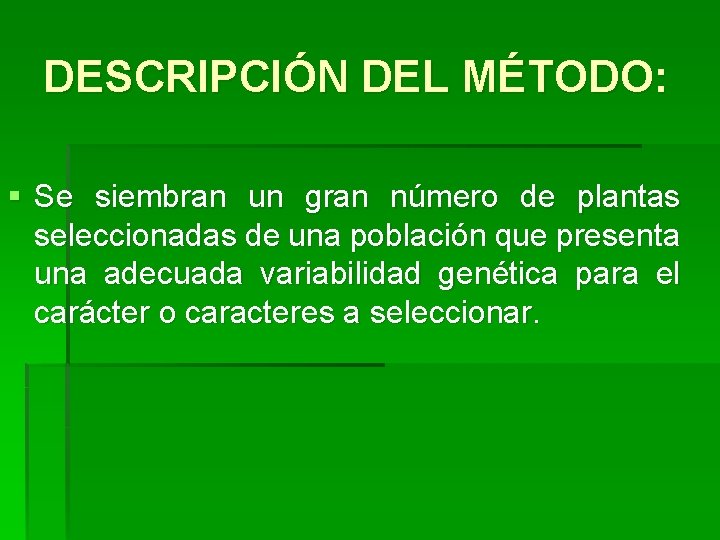 DESCRIPCIÓN DEL MÉTODO: § Se siembran un gran número de plantas seleccionadas de una