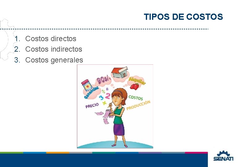 TIPOS DE COSTOS 1. Costos directos 2. Costos indirectos 3. Costos generales TIPOS DE COSTOS 1. Costos directos 2. Costos indirectos 3. Costos generales
