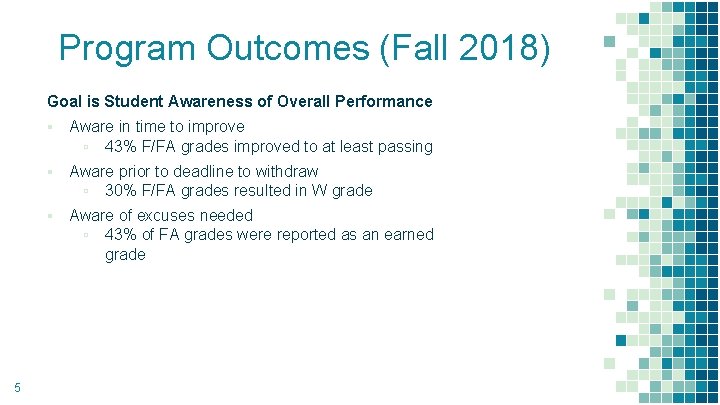 Program Outcomes (Fall 2018) Goal is Student Awareness of Overall Performance 5 ▪ Aware