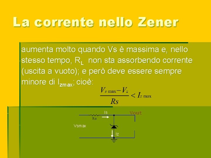 La corrente nello Zener aumenta molto quando Vs è massima e, nello stesso tempo,