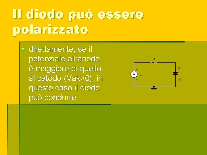 Il diodo può essere polarizzato § direttamente, se il potenziale all’anodo è maggiore di