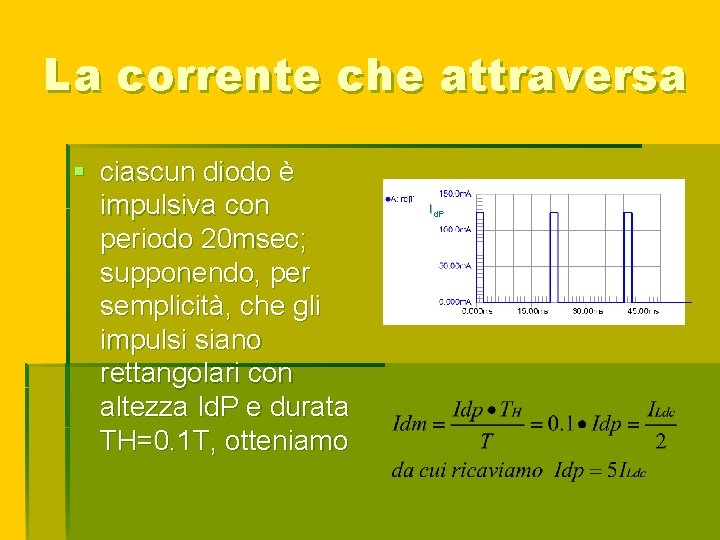 La corrente che attraversa § ciascun diodo è impulsiva con periodo 20 msec; supponendo,