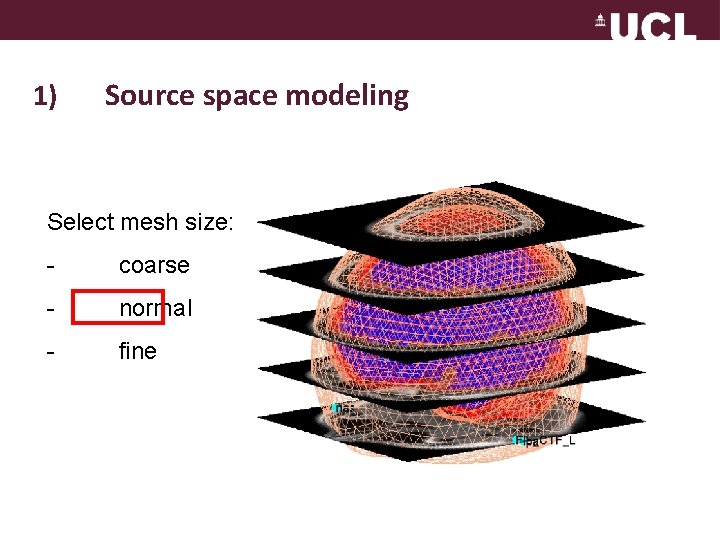 1) Source space modeling Select mesh size: - coarse - normal - fine 