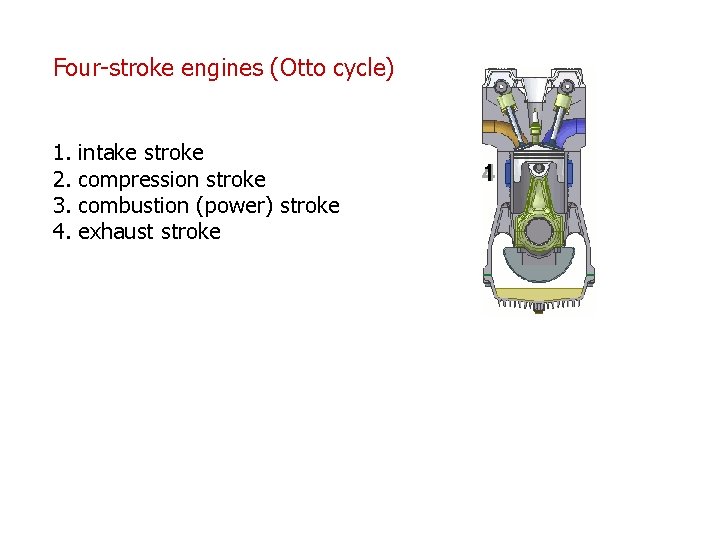 Four-stroke engines (Otto cycle) 1. intake stroke 2. compression stroke 3. combustion (power) stroke