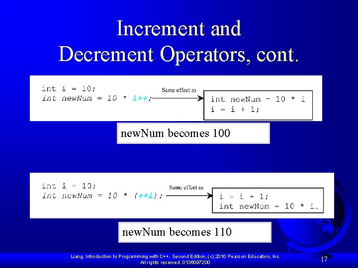 Increment and Decrement Operators, cont. new. Num becomes 100 new. Num becomes 110 Liang,