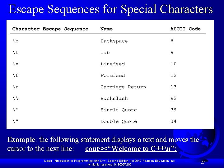 Escape Sequences for Special Characters Example: the following statement displays a text and moves Escape Sequences for Special Characters Example: the following statement displays a text and moves