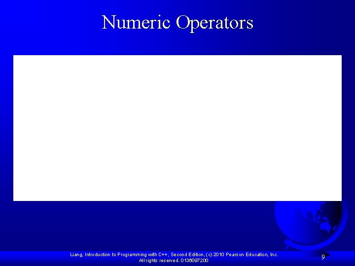 Numeric Operators Liang, Introduction to Programming with C++, Second Edition, (c) 2010 Pearson Education,
