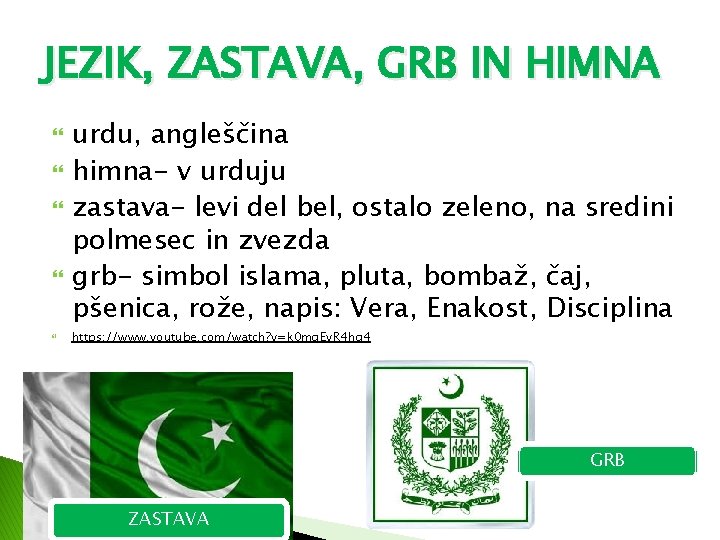 JEZIK, ZASTAVA, GRB IN HIMNA urdu, angleščina himna- v urduju zastava- levi del bel,