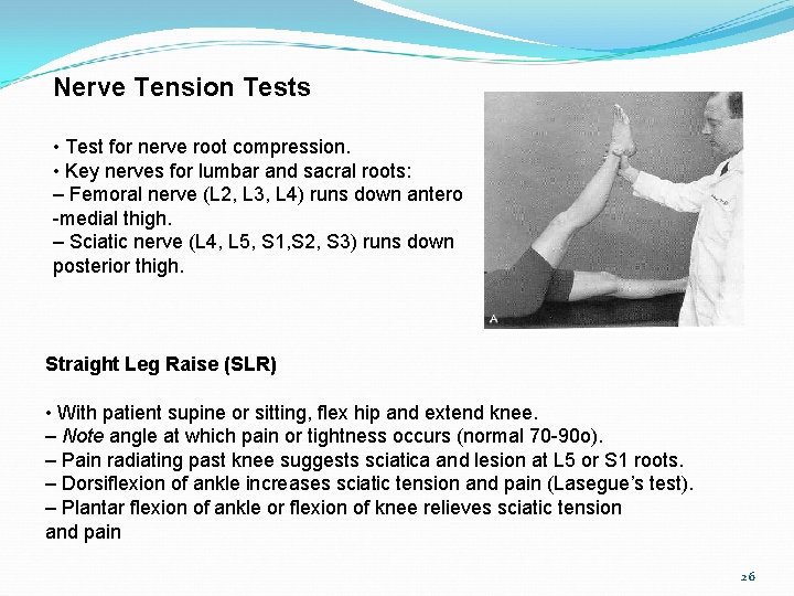 Nerve Tension Tests • Test for nerve root compression. • Key nerves for lumbar