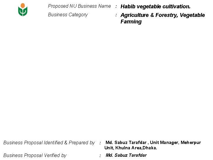 Proposed NU Business Name : Habib vegetable cultivation. Business Category : Agriculture & Forestry,