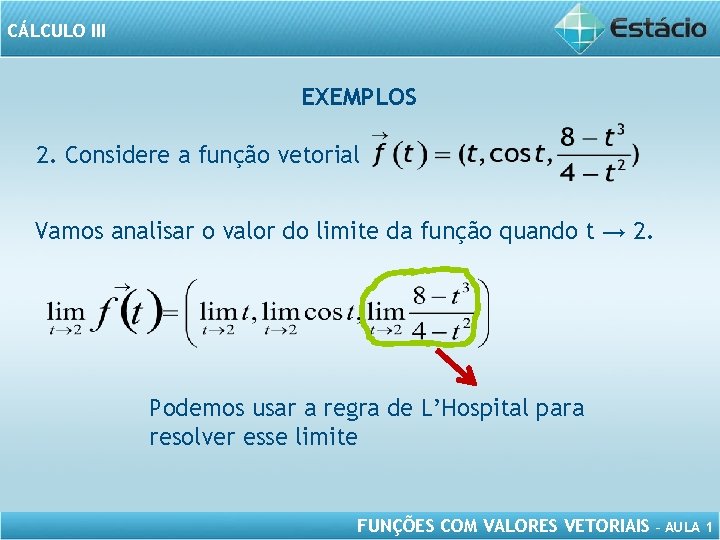 CÁLCULO III EXEMPLOS 2. Considere a função vetorial Vamos analisar o valor do limite