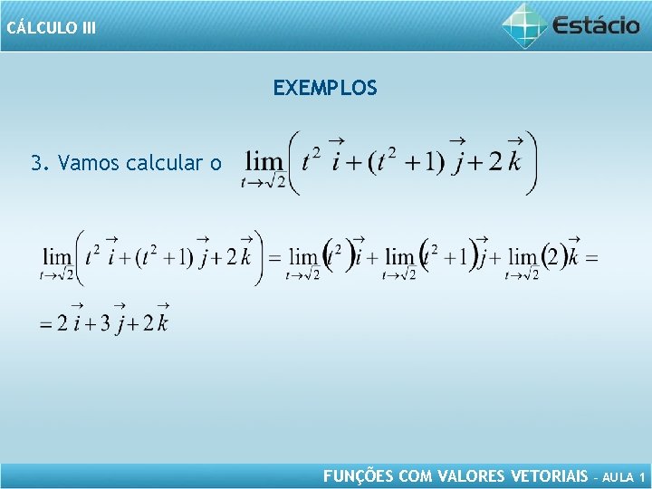 CÁLCULO III EXEMPLOS 3. Vamos calcular o FUNÇÕES COM VALORES VETORIAIS – AULA 1