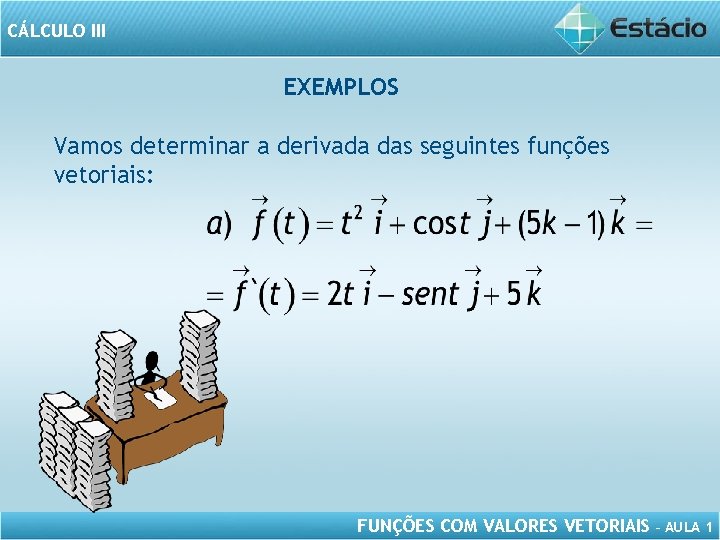 CÁLCULO III EXEMPLOS Vamos determinar a derivada das seguintes funções vetoriais: FUNÇÕES COM VALORES