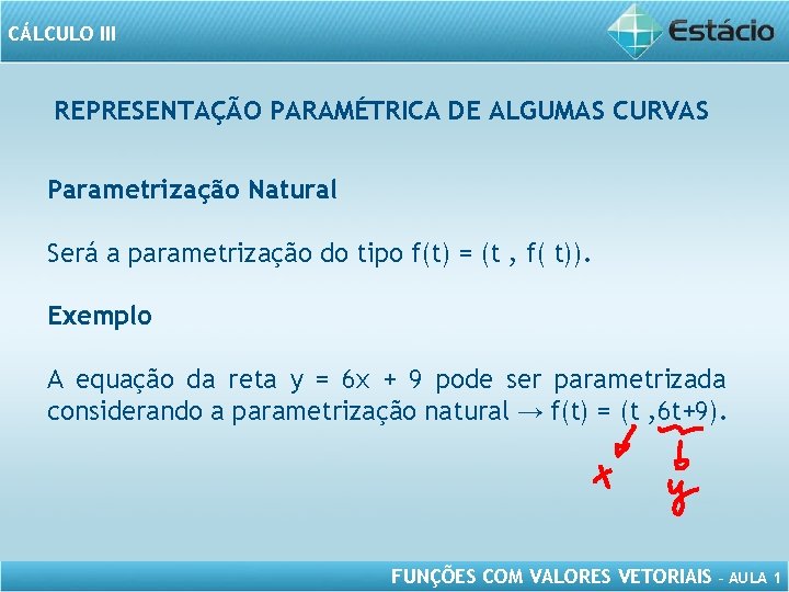 CÁLCULO III REPRESENTAÇÃO PARAMÉTRICA DE ALGUMAS CURVAS Parametrização Natural Será a parametrização do tipo