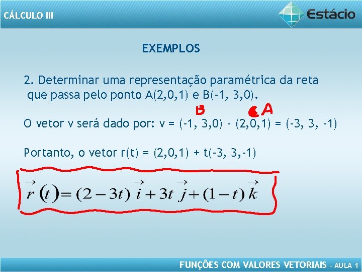 CÁLCULO III EXEMPLOS 2. Determinar uma representação paramétrica da reta que passa pelo ponto