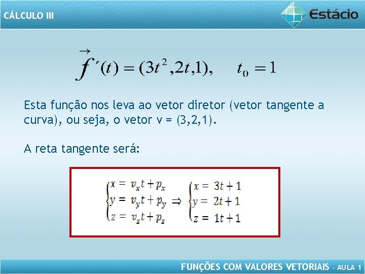 CÁLCULO III Esta função nos leva ao vetor diretor (vetor tangente a curva), ou