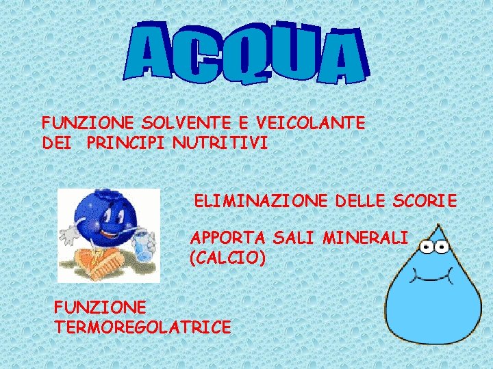 FUNZIONE SOLVENTE E VEICOLANTE DEI PRINCIPI NUTRITIVI ELIMINAZIONE DELLE SCORIE APPORTA SALI MINERALI (CALCIO)