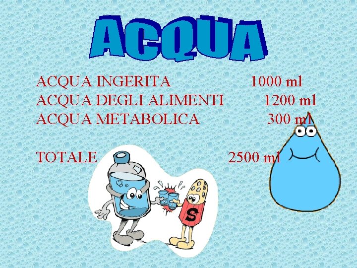 ACQUA INGERITA ACQUA DEGLI ALIMENTI ACQUA METABOLICA TOTALE 1000 ml 1200 ml 300 ml