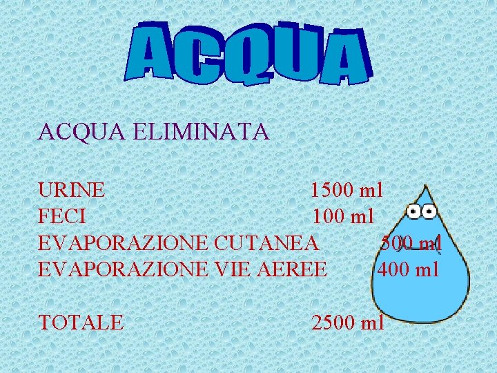 ACQUA ELIMINATA URINE 1500 ml FECI 100 ml EVAPORAZIONE CUTANEA 500 ml EVAPORAZIONE VIE