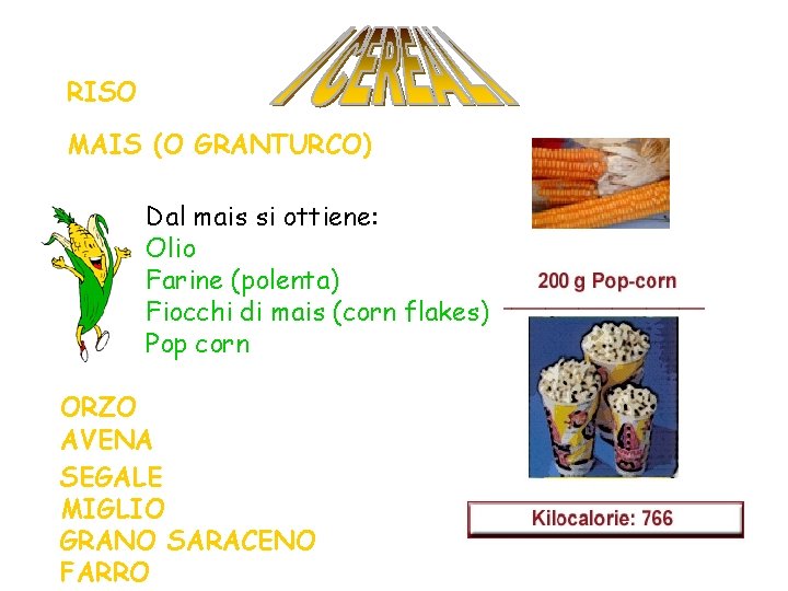 RISO MAIS (O GRANTURCO) Dal mais si ottiene: Olio Farine (polenta) Fiocchi di mais