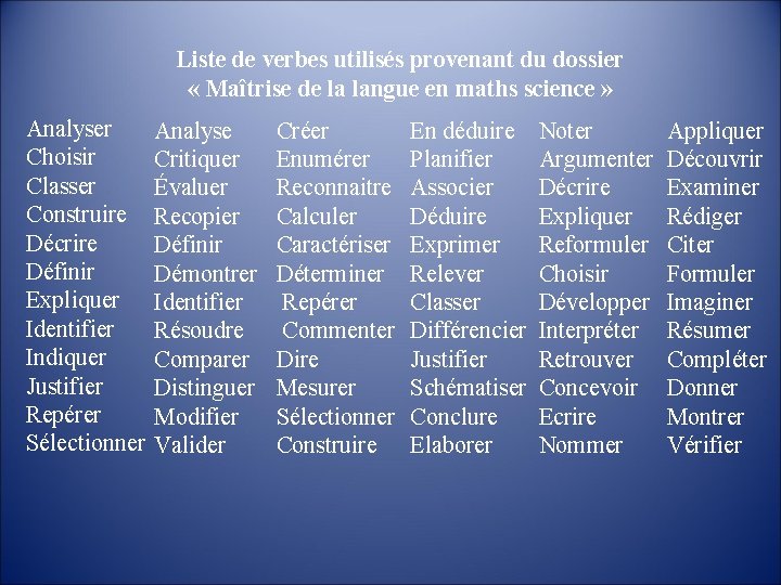Liste de verbes utilisés provenant du dossier « Maîtrise de la langue en maths