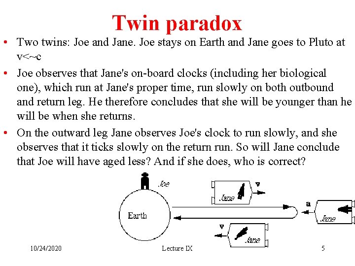 Twin paradox • Two twins: Joe and Jane. Joe stays on Earth and Jane