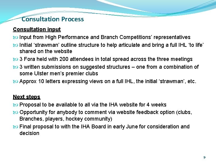 Consultation Process Consultation input Input from High Performance and Branch Competitions’ representatives Initial ‘strawman’