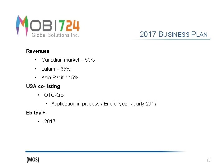 2017 BUSINESS PLAN Revenues • Canadian market – 50% • Latam – 35% •