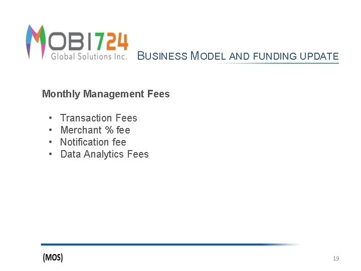 BUSINESS MODEL AND FUNDING UPDATE Monthly Management Fees • • Transaction Fees Merchant %