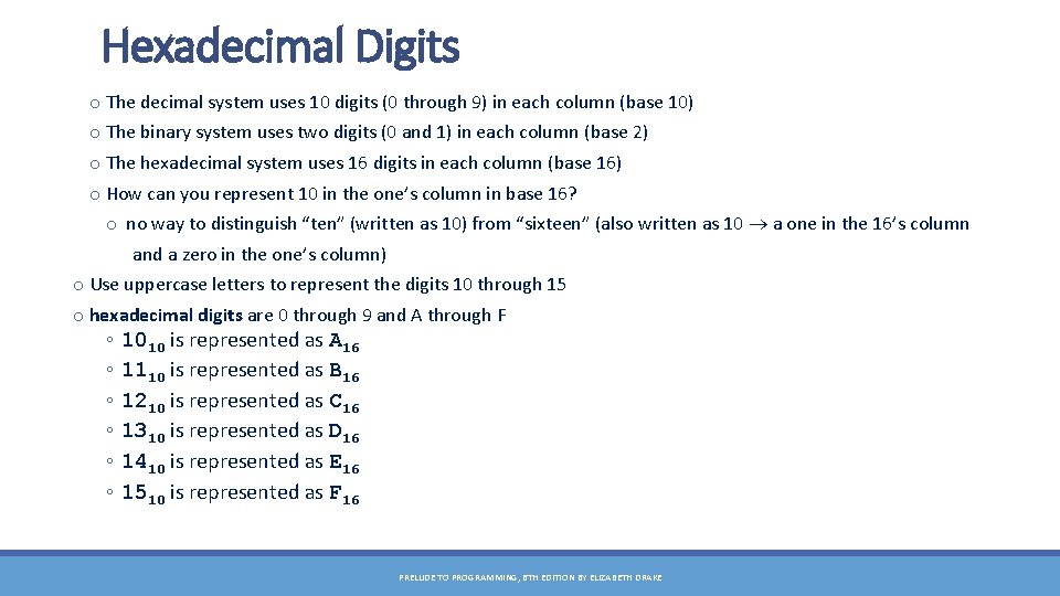 Hexadecimal Digits o The decimal system uses 10 digits (0 through 9) in each