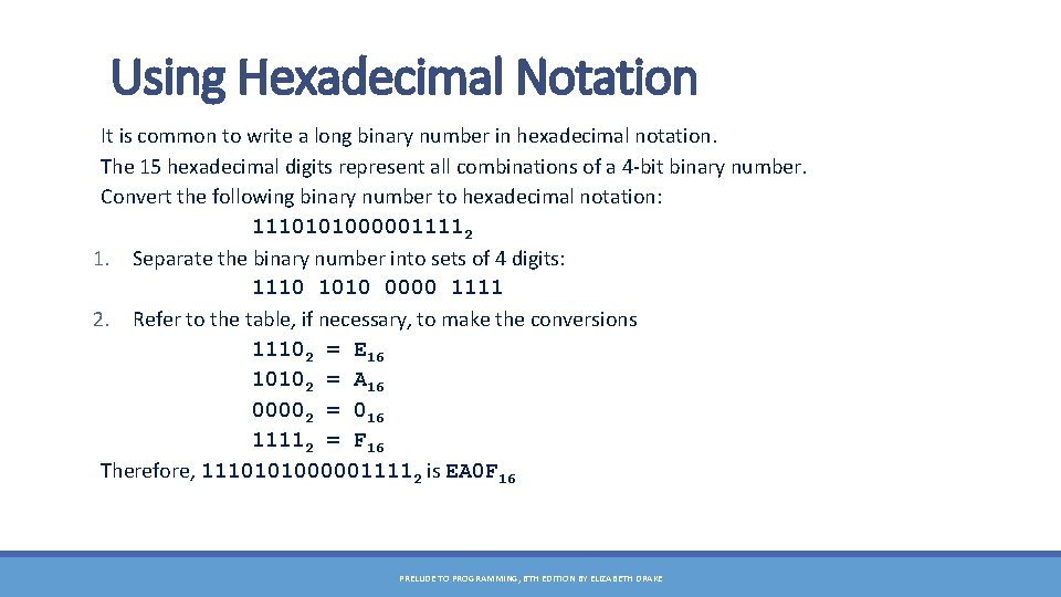 Using Hexadecimal Notation It is common to write a long binary number in hexadecimal