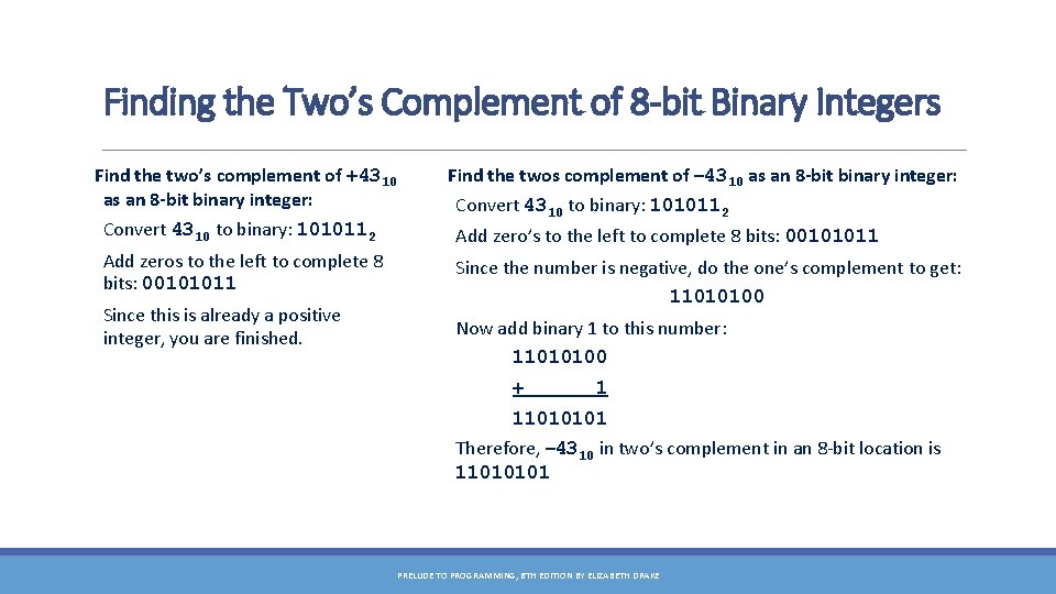Finding the Two’s Complement of 8 -bit Binary Integers Find the two’s complement of