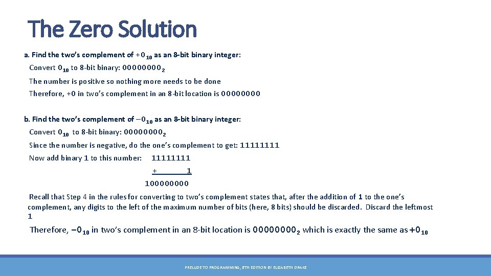 The Zero Solution a. Find the two’s complement of +010 as an 8 -bit