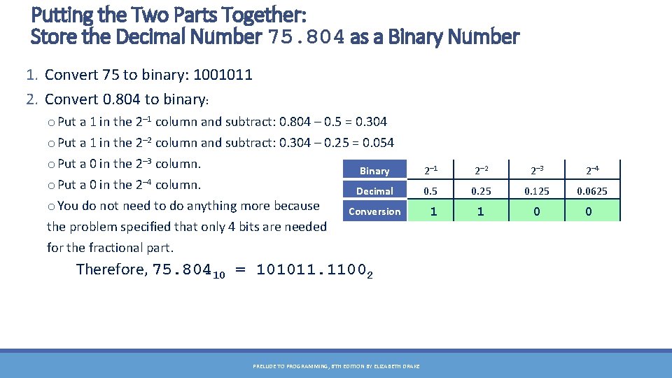 Putting the Two Parts Together: Store the Decimal Number 75. 804 as a Binary