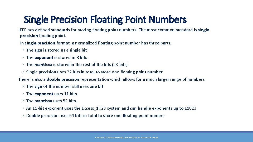 Single Precision Floating Point Numbers IEEE has defined standards for storing floating point numbers.