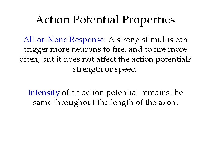 Action Potential Properties All-or-None Response: A strong stimulus can trigger more neurons to fire, Action Potential Properties All-or-None Response: A strong stimulus can trigger more neurons to fire,