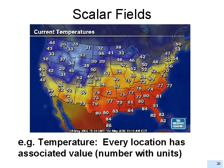 Scalar Fields e. g. Temperature: Every location has associated value (number with units) 26