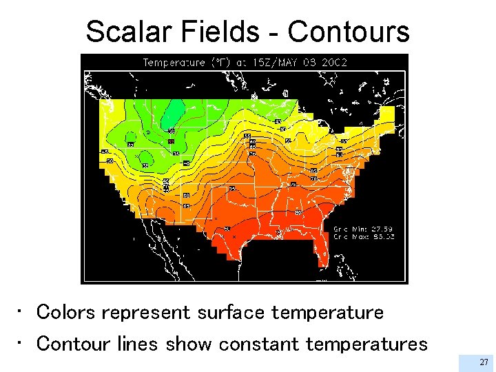 Scalar Fields - Contours • Colors represent surface temperature • Contour lines show constant