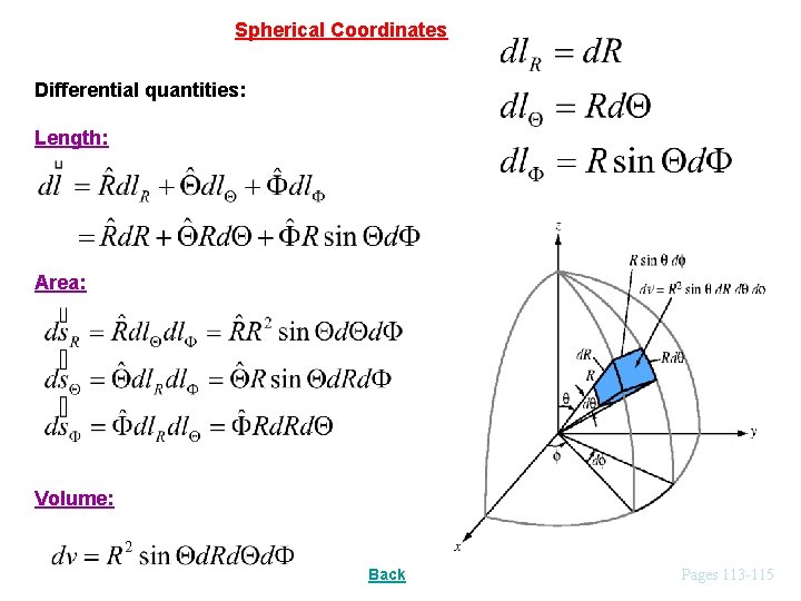 Spherical Coordinates Differential quantities: Length: Area: Volume: Back Pages 113 -115 