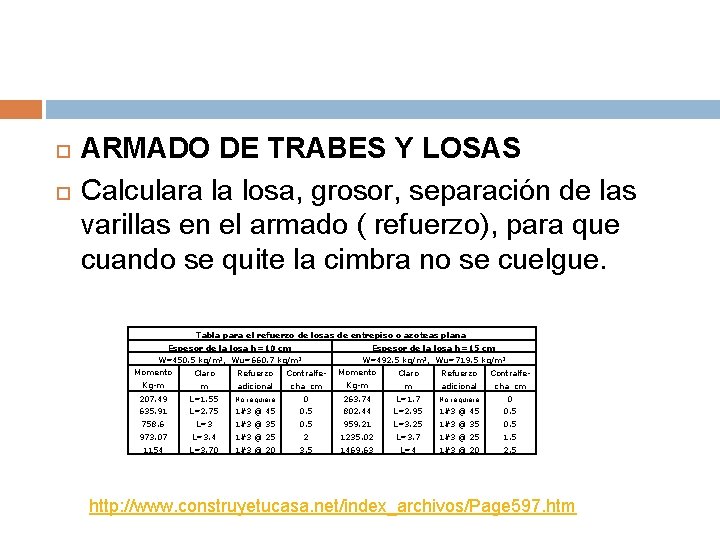  ARMADO DE TRABES Y LOSAS Calculara la losa, grosor, separación de las varillas