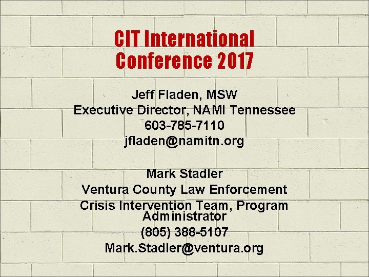 CIT International Conference 2017 Jeff Fladen, MSW Executive Director, NAMI Tennessee 603 -785 -7110