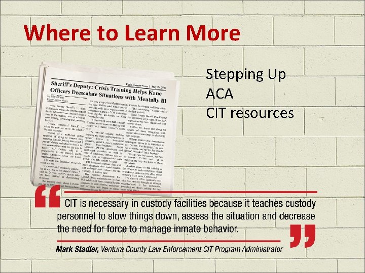 Where to Learn More Stepping Up ACA CIT resources 