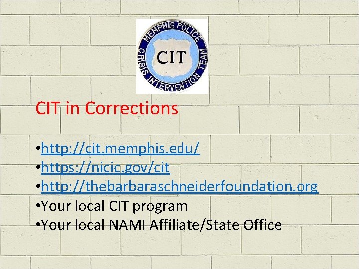 CIT in Corrections • http: //cit. memphis. edu/ • https: //nicic. gov/cit • http: