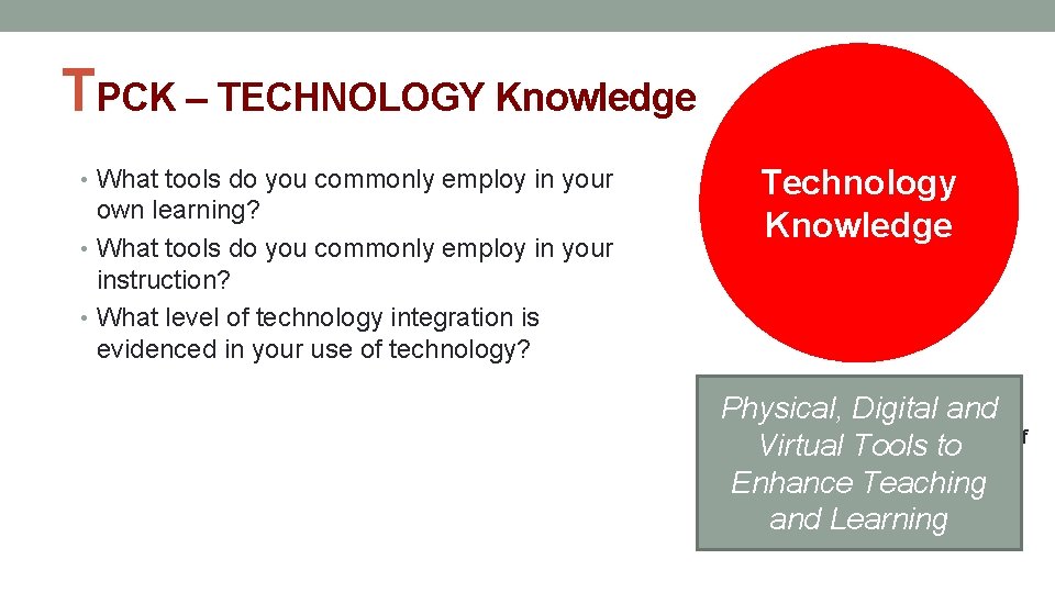 TPCK – TECHNOLOGY Knowledge • What tools do you commonly employ in your own