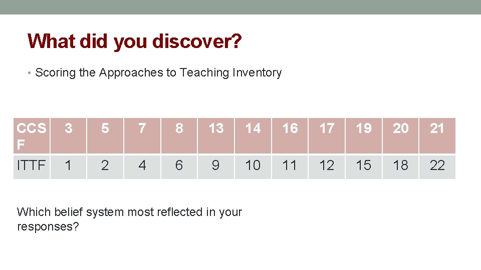 What did you discover? • Scoring the Approaches to Teaching Inventory CCS F ITTF