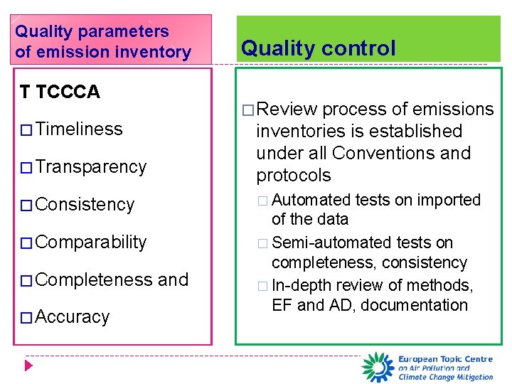 Quality parameters of emission inventory T TCCCA � Timeliness � Transparency � Consistency �